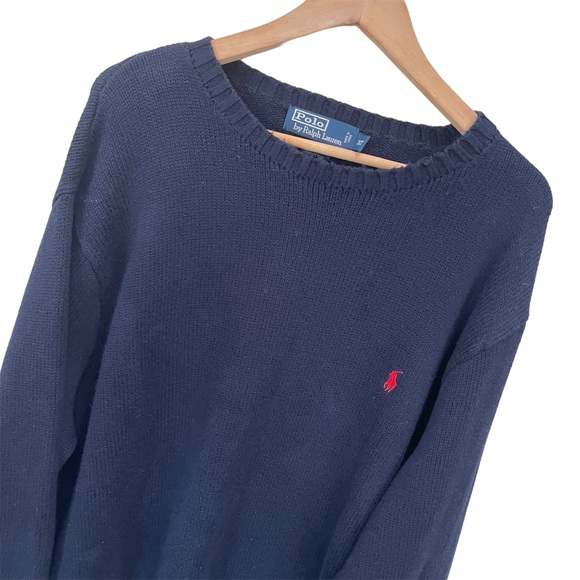 Vintage Polo Ralph Lauren Crewneck Sweater 100% Cotton Navy Red Polo Pony 3LT - Picture 3 of 7